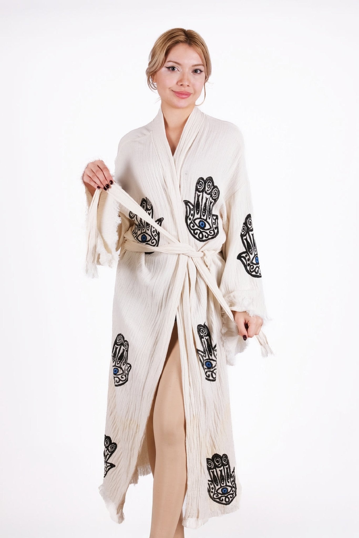 Hamsa Sacred Shield Kimono – Çift Kat %100 Pamuk El Baskı Kimono | %100 pamuk müslin | el baskı desen | Buldan Culture
