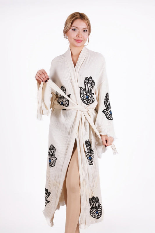 Hamsa Sacred Shield Kimono – Çift Kat %100 Pamuk El Baskı Kimono | %100 pamuk müslin | el baskı desen | Buldan Culture