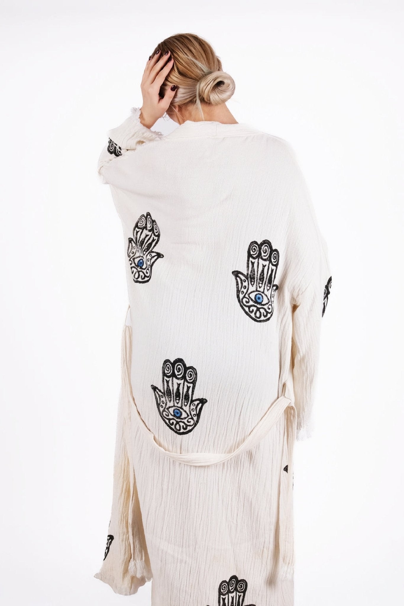 Hamsa Sacred Shield Kimono – Çift Kat %100 Pamuk El Baskı Kimono | %100 pamuk müslin | el baskı desen | Buldan Culture