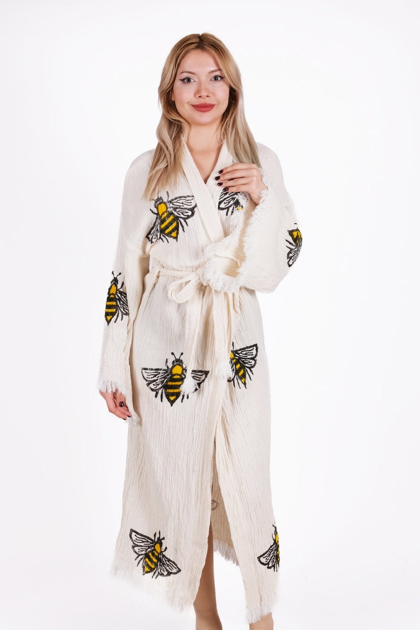 Honey Bee Cream Çift Kat Müslin Kimono | %100 pamuk müslin | el baskı desen | Buldan Culture