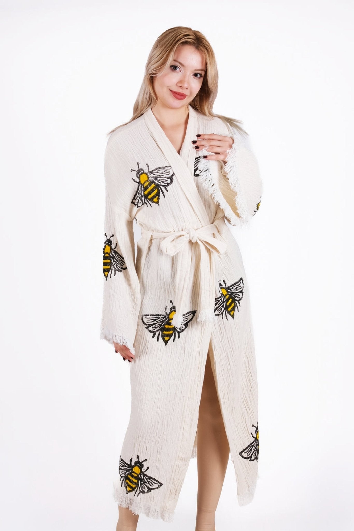 Honey Bee Cream Çift Kat Müslin Kimono | %100 pamuk müslin | el baskı desen | Buldan Culture