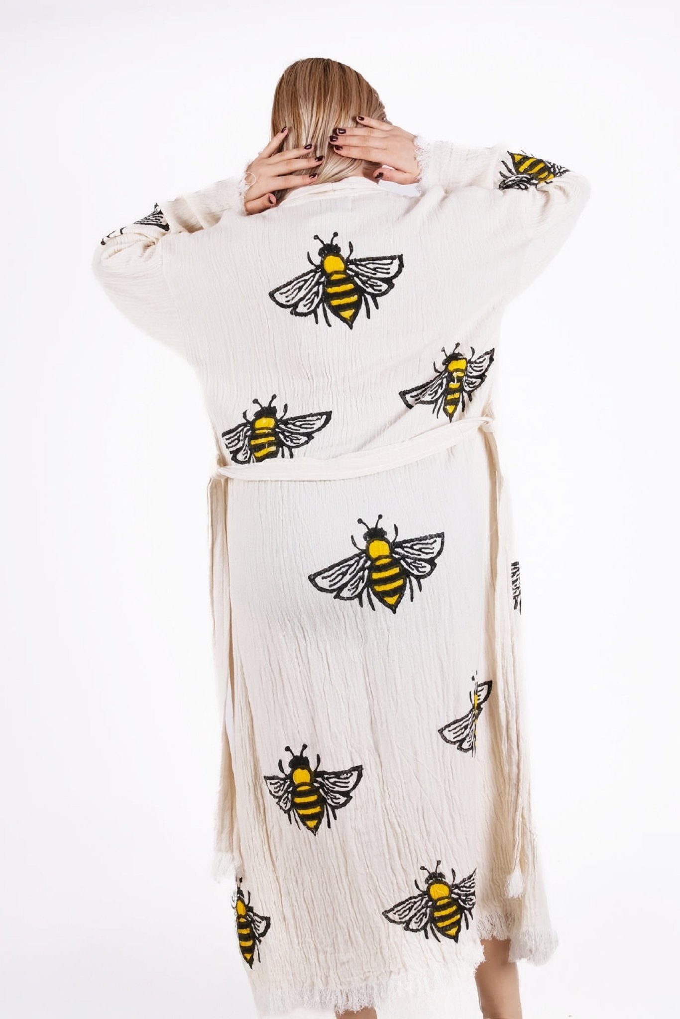 Honey Bee Cream Çift Kat Müslin Kimono | %100 pamuk müslin | el baskı desen | Buldan Culture