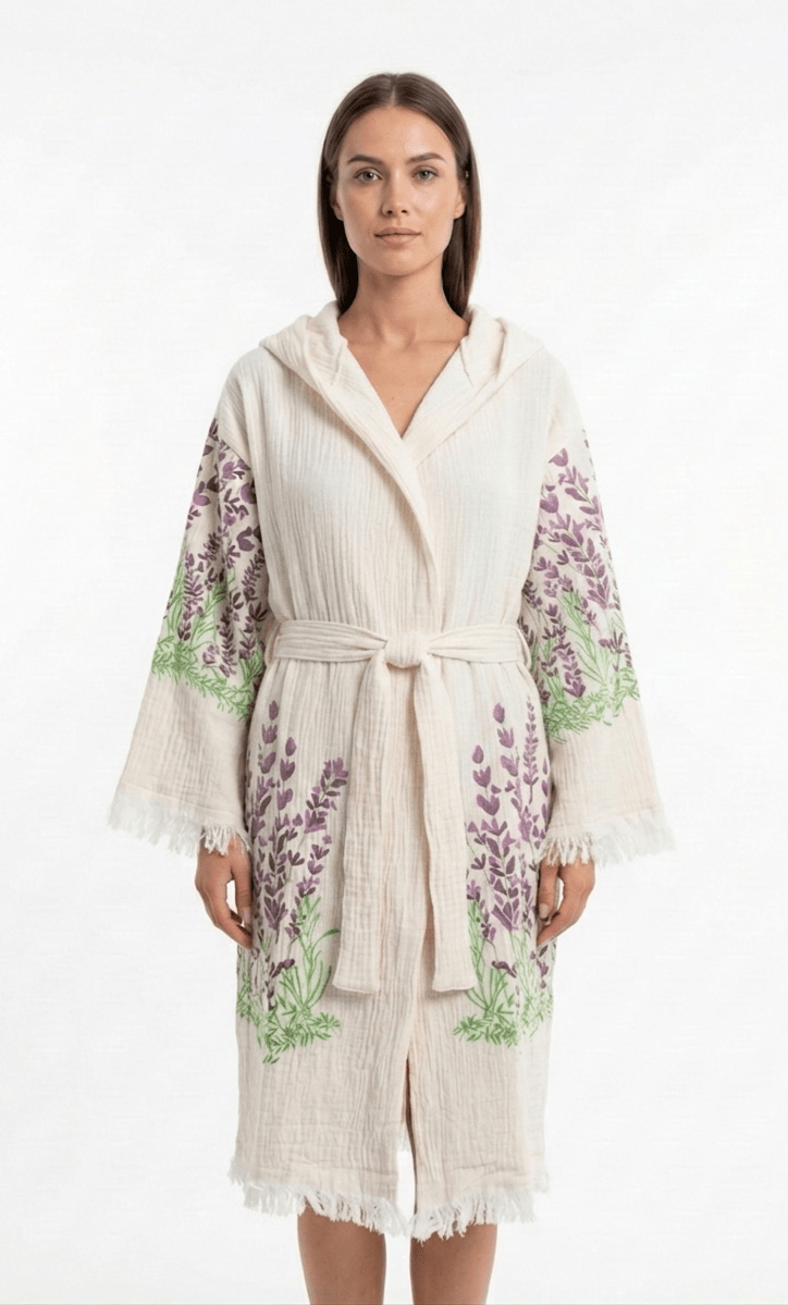 Lavien Fleur Çift Kat Müslin Bornoz | %100 pamuk müslin | el baskı desen | Buldan Culture