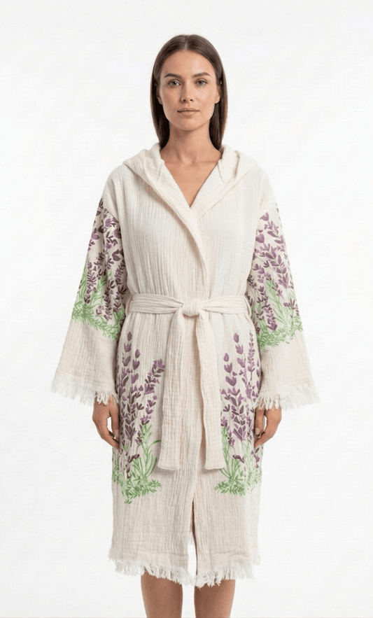 Lavien Fleur Çift Kat Müslin Bornoz | %100 pamuk müslin | el baskı desen | Buldan Culture
