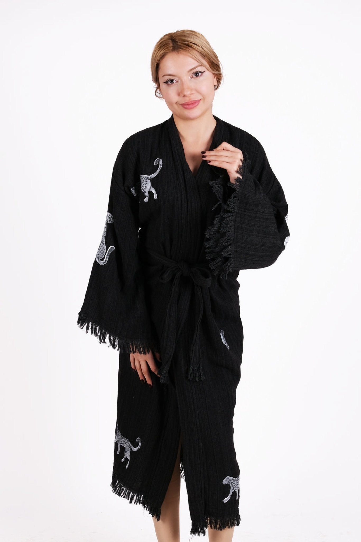 Midnight Panther Kimono – Çift Katlı Siyah Muslin El Baskı Kimono | %100 pamuk müslin | el baskı desen | Buldan Culture
