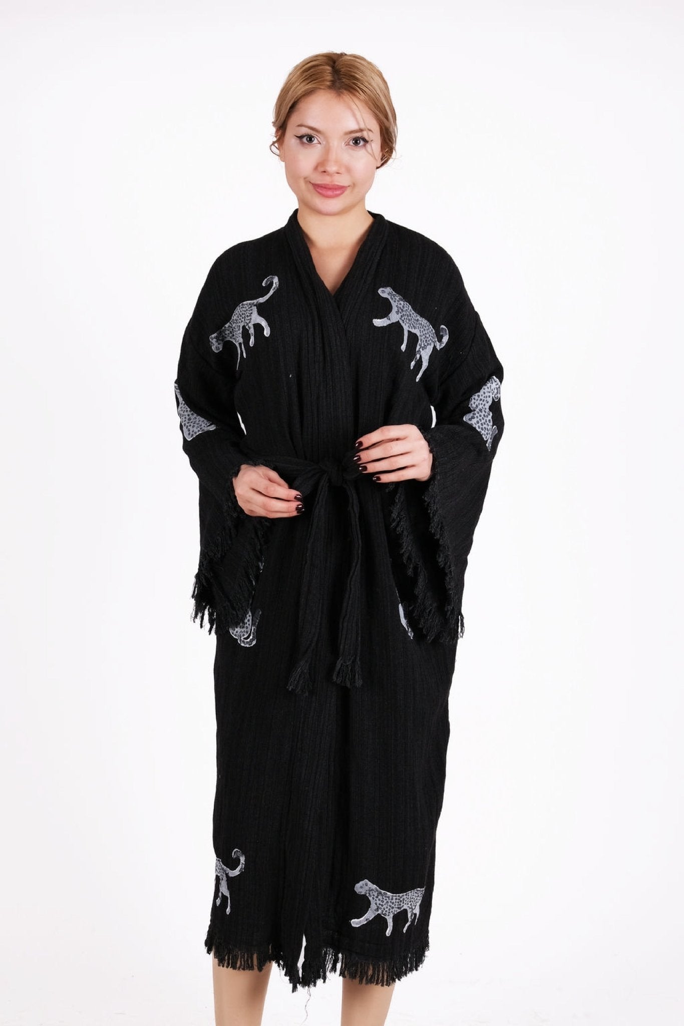 Midnight Panther Kimono – Çift Katlı Siyah Muslin El Baskı Kimono | %100 pamuk müslin | el baskı desen | Buldan Culture