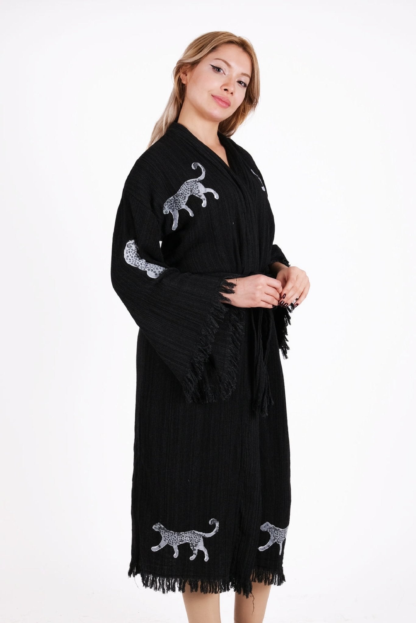 Midnight Panther Kimono – Çift Katlı Siyah Muslin El Baskı Kimono | %100 pamuk müslin | el baskı desen | Buldan Culture