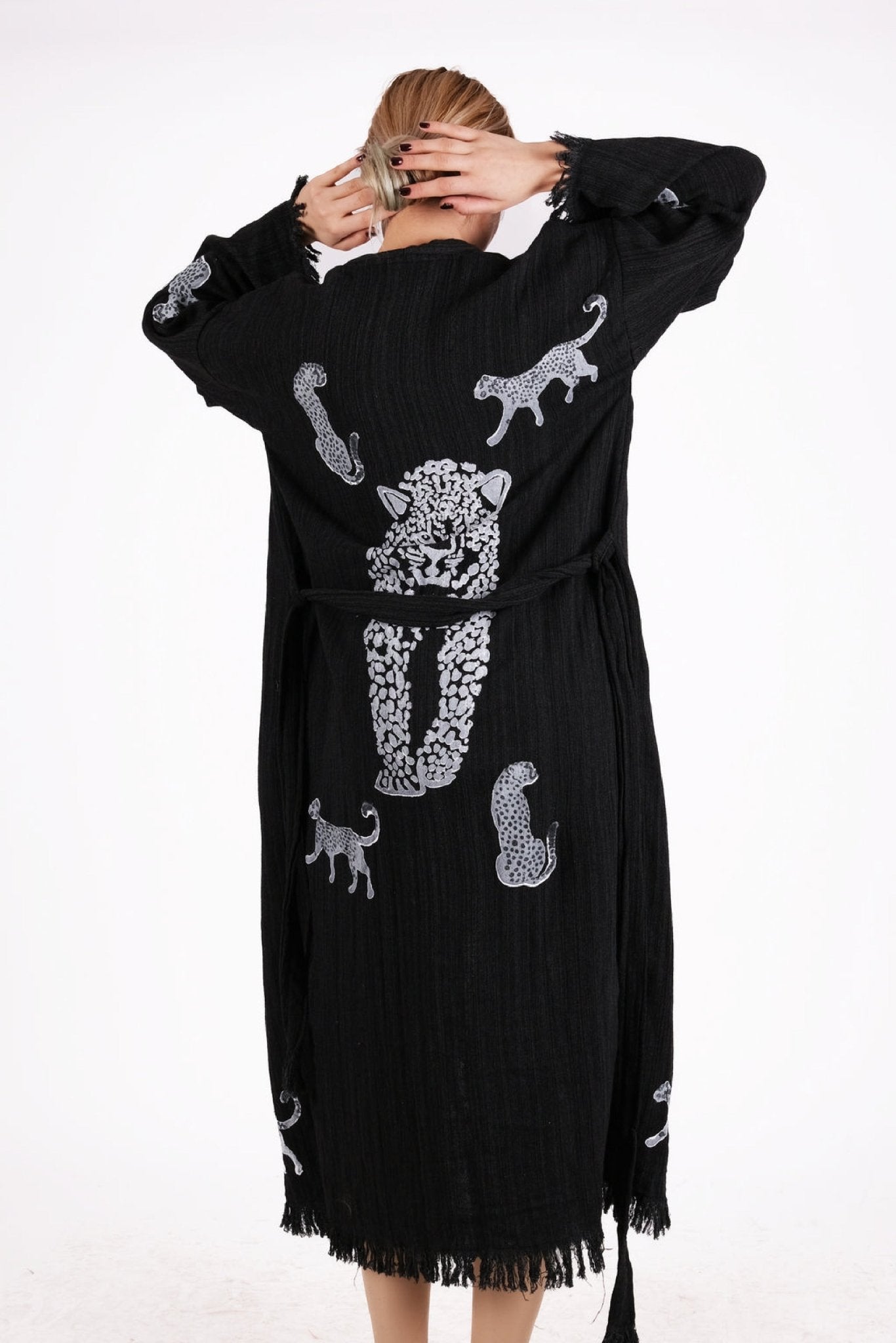 Midnight Panther Kimono – Çift Katlı Siyah Muslin El Baskı Kimono | %100 pamuk müslin | el baskı desen | Buldan Culture