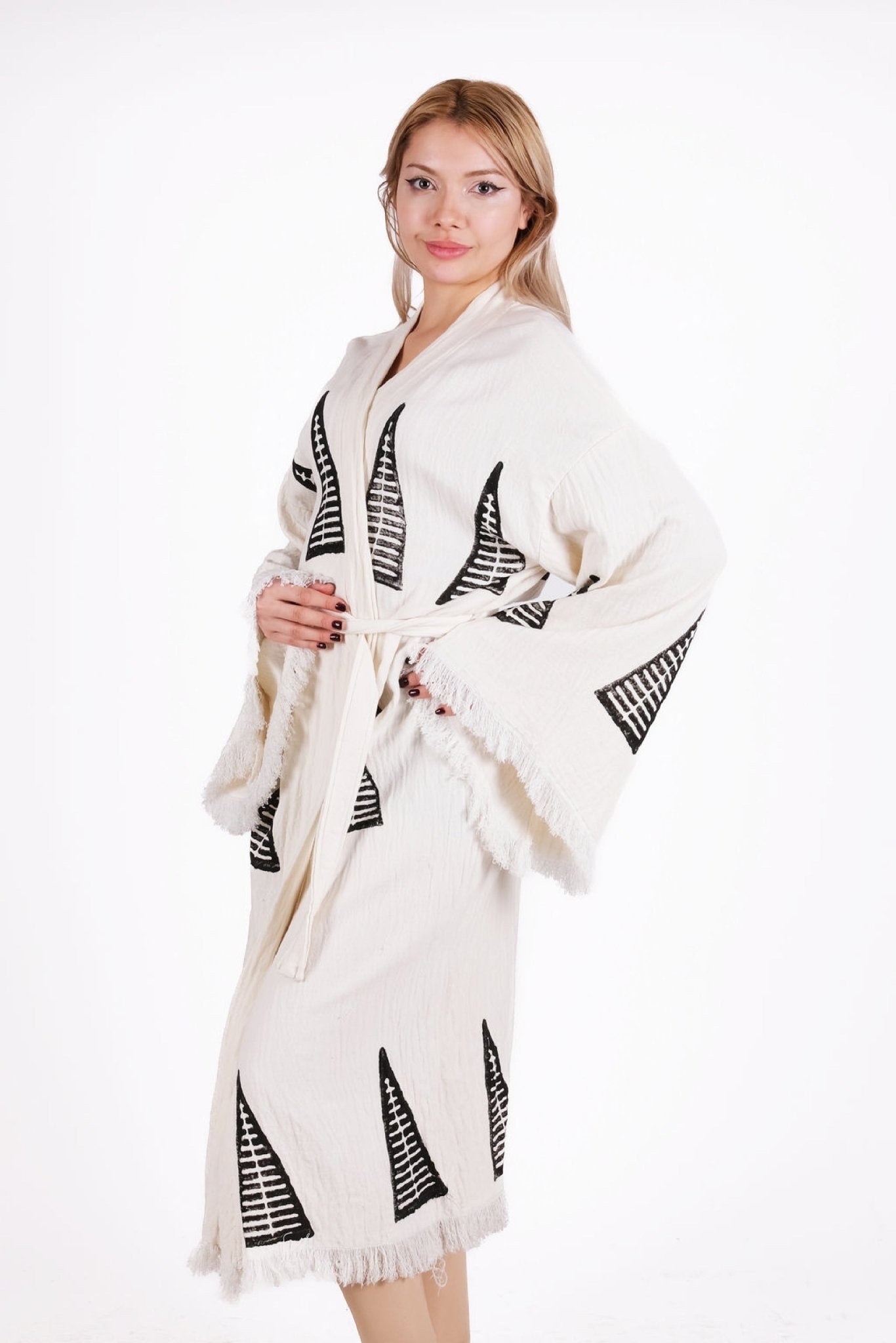 Mono Linea Kimono – Siyah Minimal Tribal Desenli Çift Kat Müslin Kimono | %100 pamuk müslin | el baskı desen | Buldan Culture