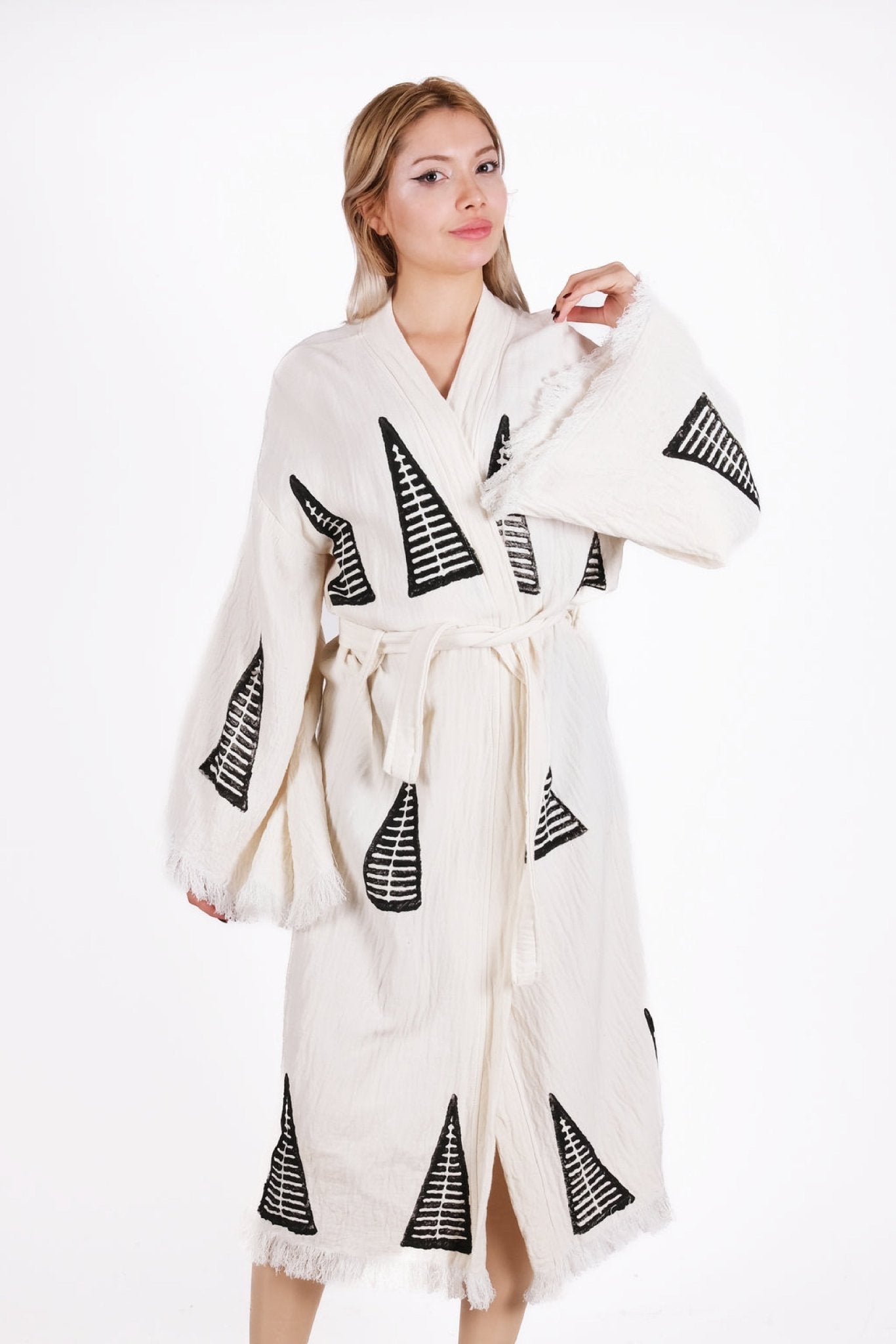 Mono Linea Kimono – Siyah Minimal Tribal Desenli Çift Kat Müslin Kimono | %100 pamuk müslin | el baskı desen | Buldan Culture