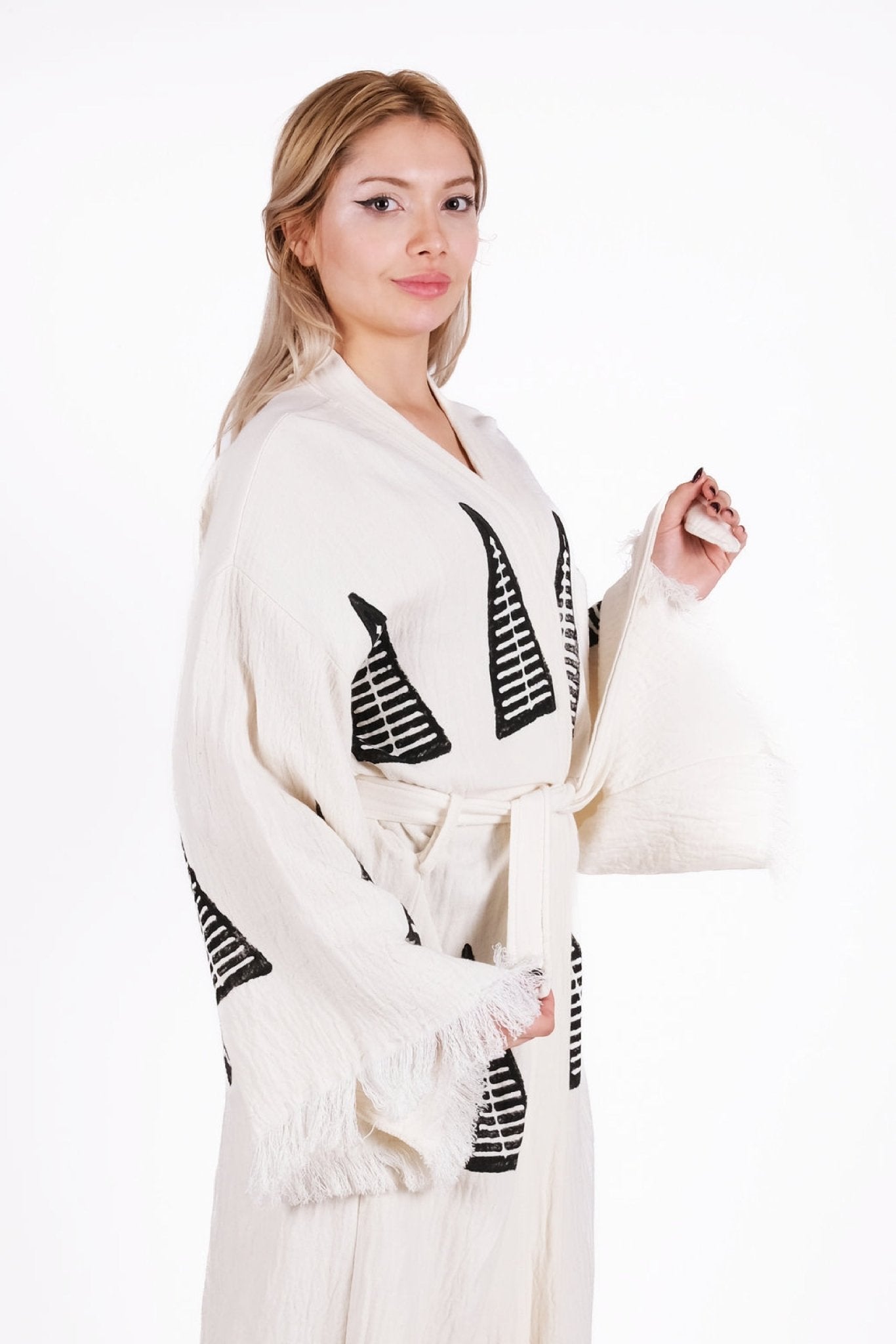 Mono Linea Kimono – Siyah Minimal Tribal Desenli Çift Kat Müslin Kimono | %100 pamuk müslin | el baskı desen | Buldan Culture