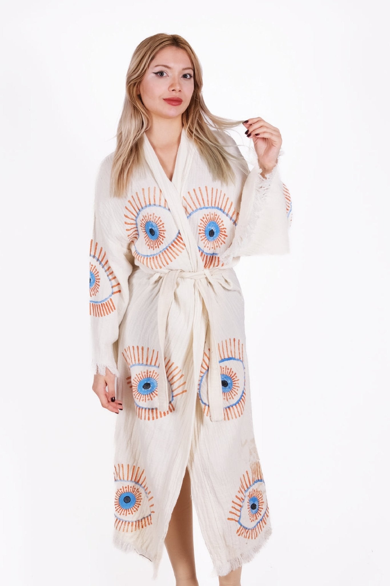 Mystic Eye Cream Çift Kat Müslin Kimono | %100 pamuk müslin | el baskı desen | Buldan Culture