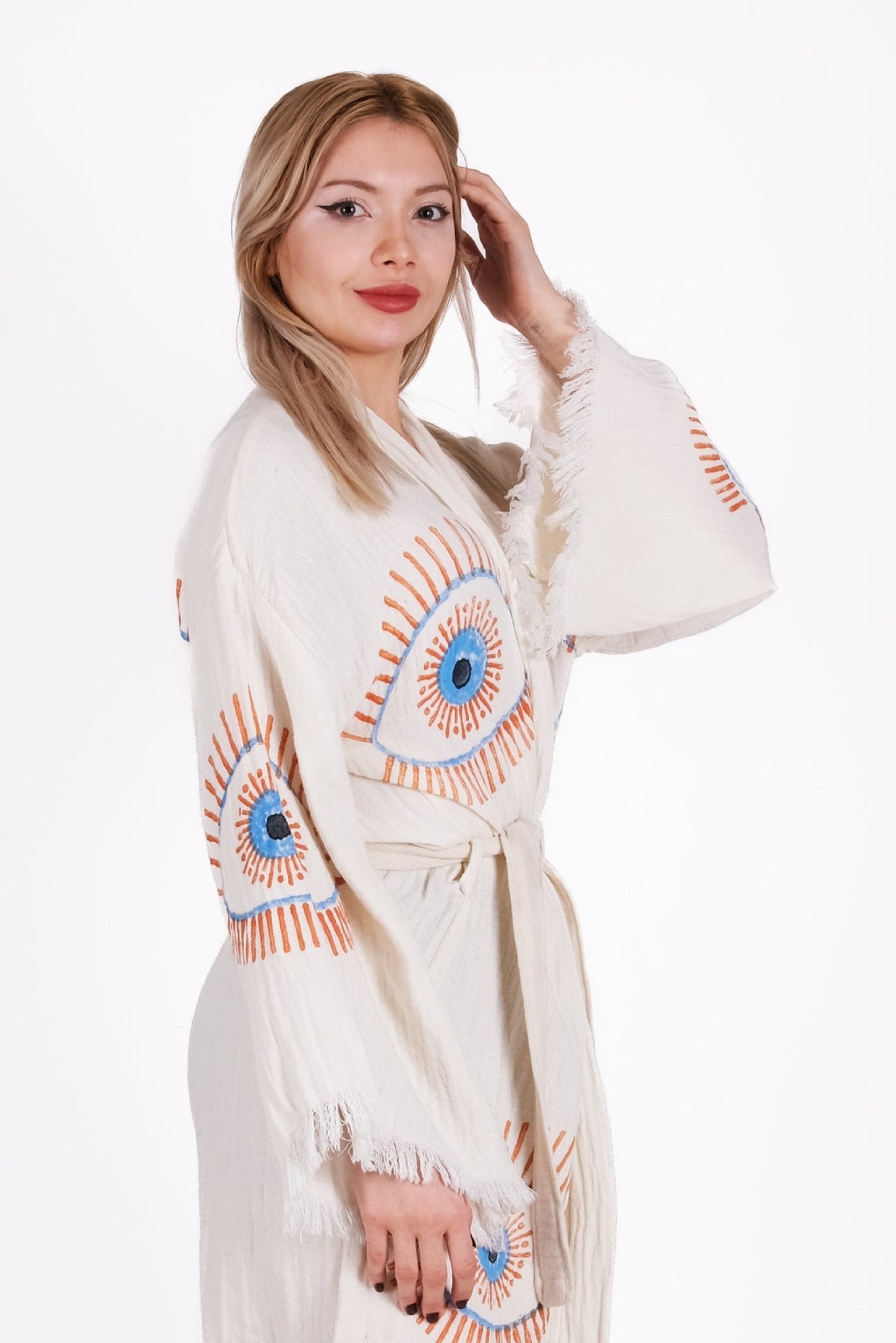 Mystic Eye Cream Çift Kat Müslin Kimono | %100 pamuk müslin | el baskı desen | Buldan Culture