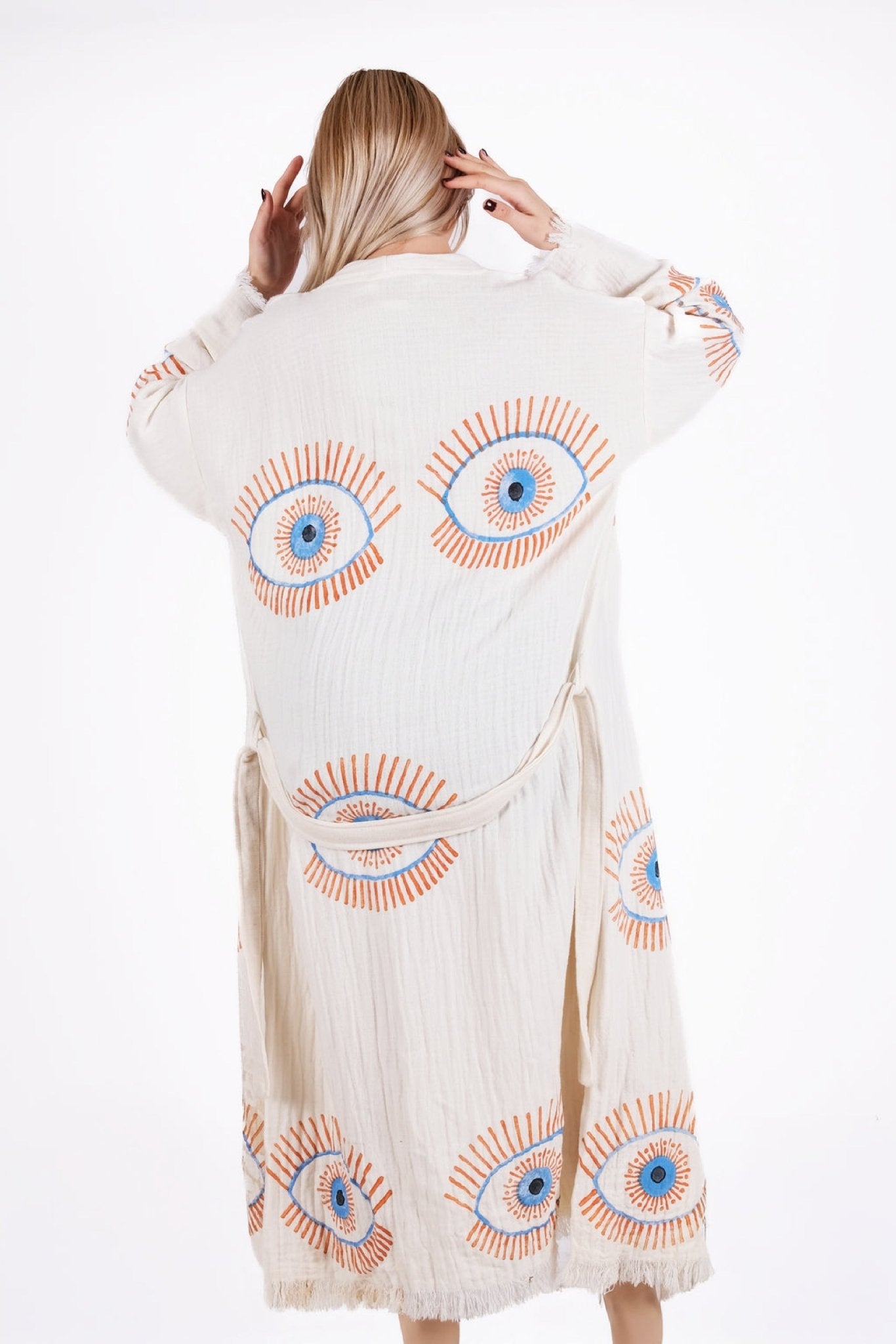 Mystic Eye Cream Çift Kat Müslin Kimono | %100 pamuk müslin | el baskı desen | Buldan Culture