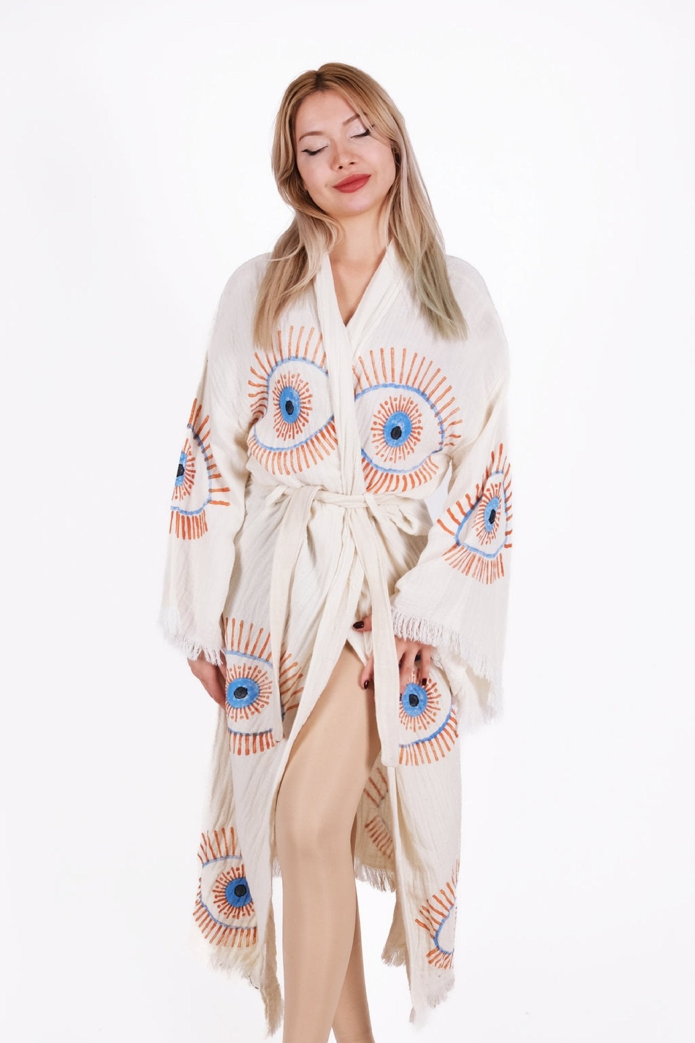 Mystic Eye Cream Çift Kat Müslin Kimono | %100 pamuk müslin | el baskı desen | Buldan Culture
