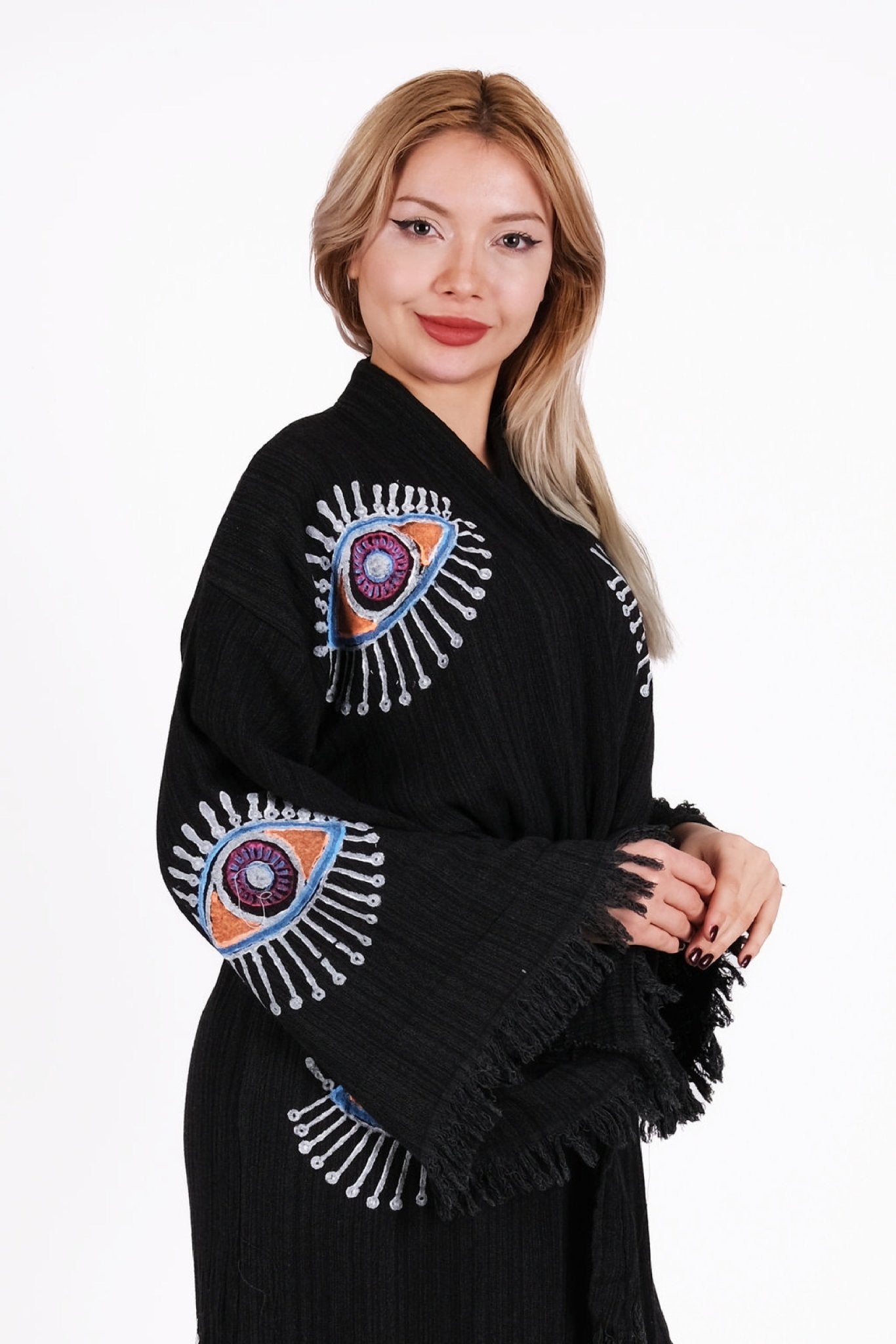 Mystic Eye Siyah Çift Kat Müslin Kimono | %100 pamuk müslin | el baskı desen | Buldan Culture