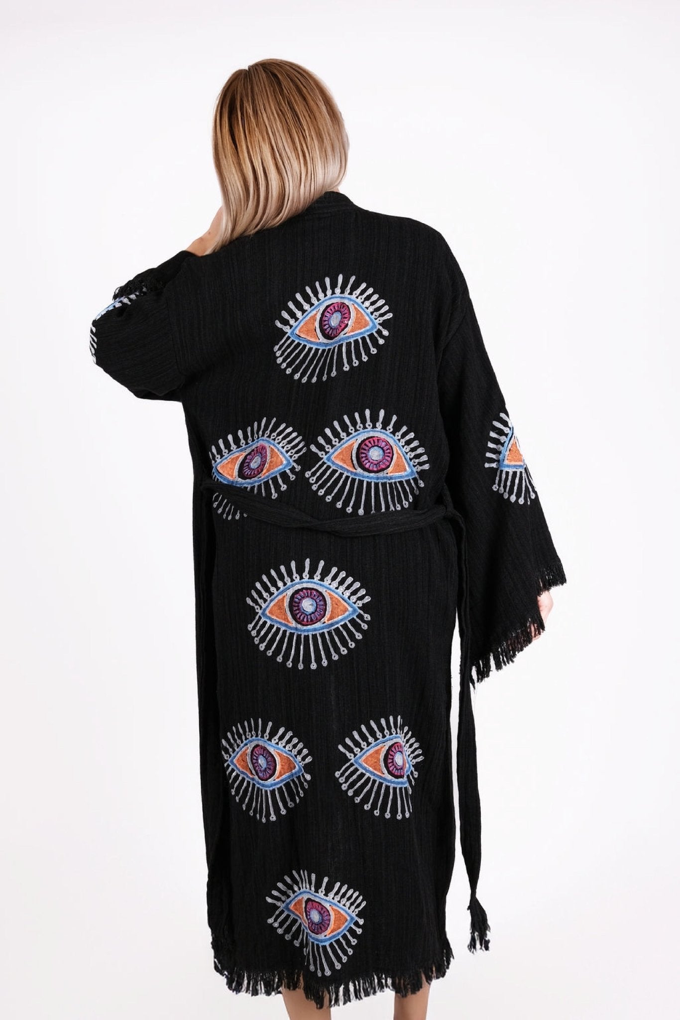 Mystic Eye Siyah Çift Kat Müslin Kimono | %100 pamuk müslin | el baskı desen | Buldan Culture