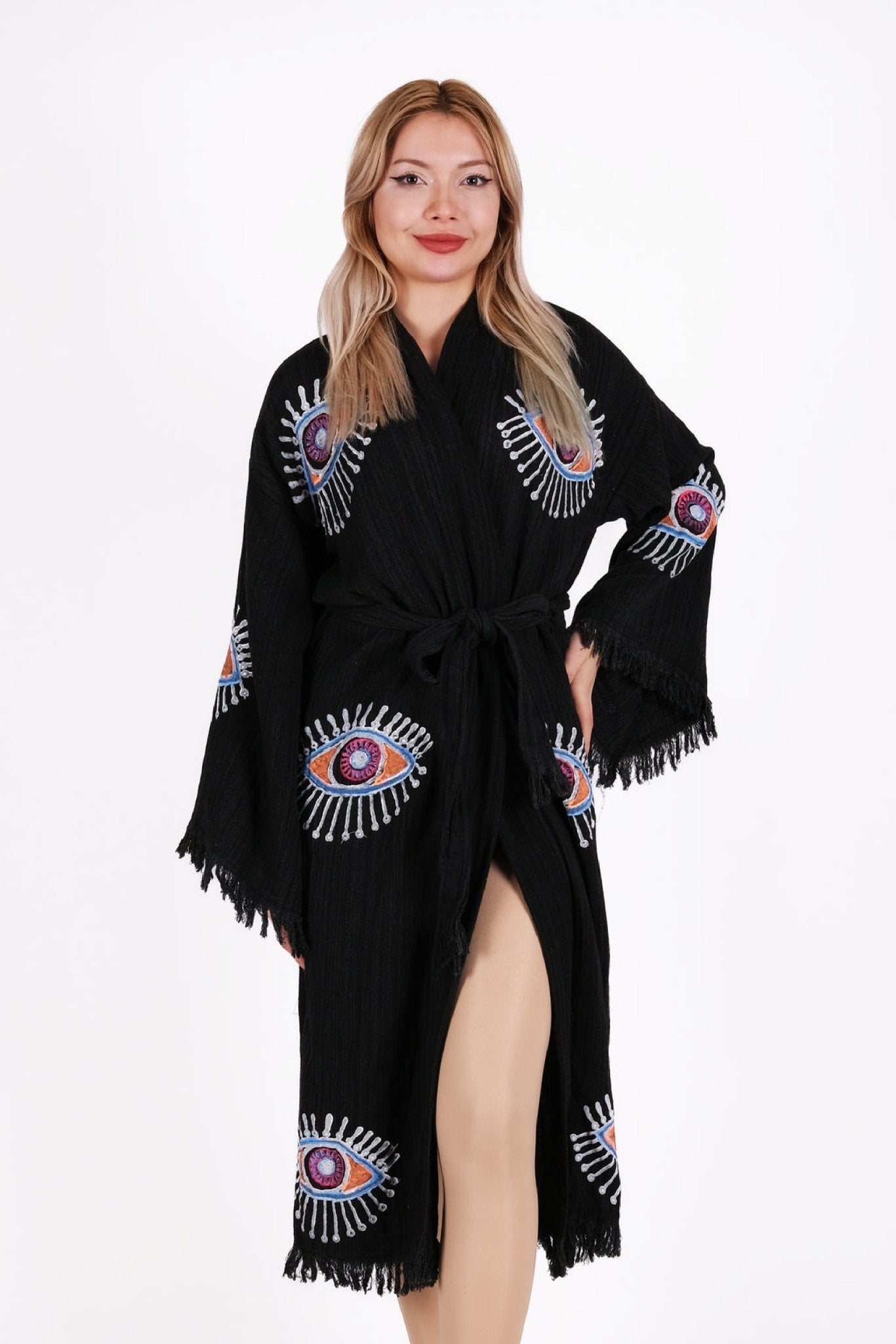 Mystic Eye Siyah Çift Kat Müslin Kimono | %100 pamuk müslin | el baskı desen | Buldan Culture
