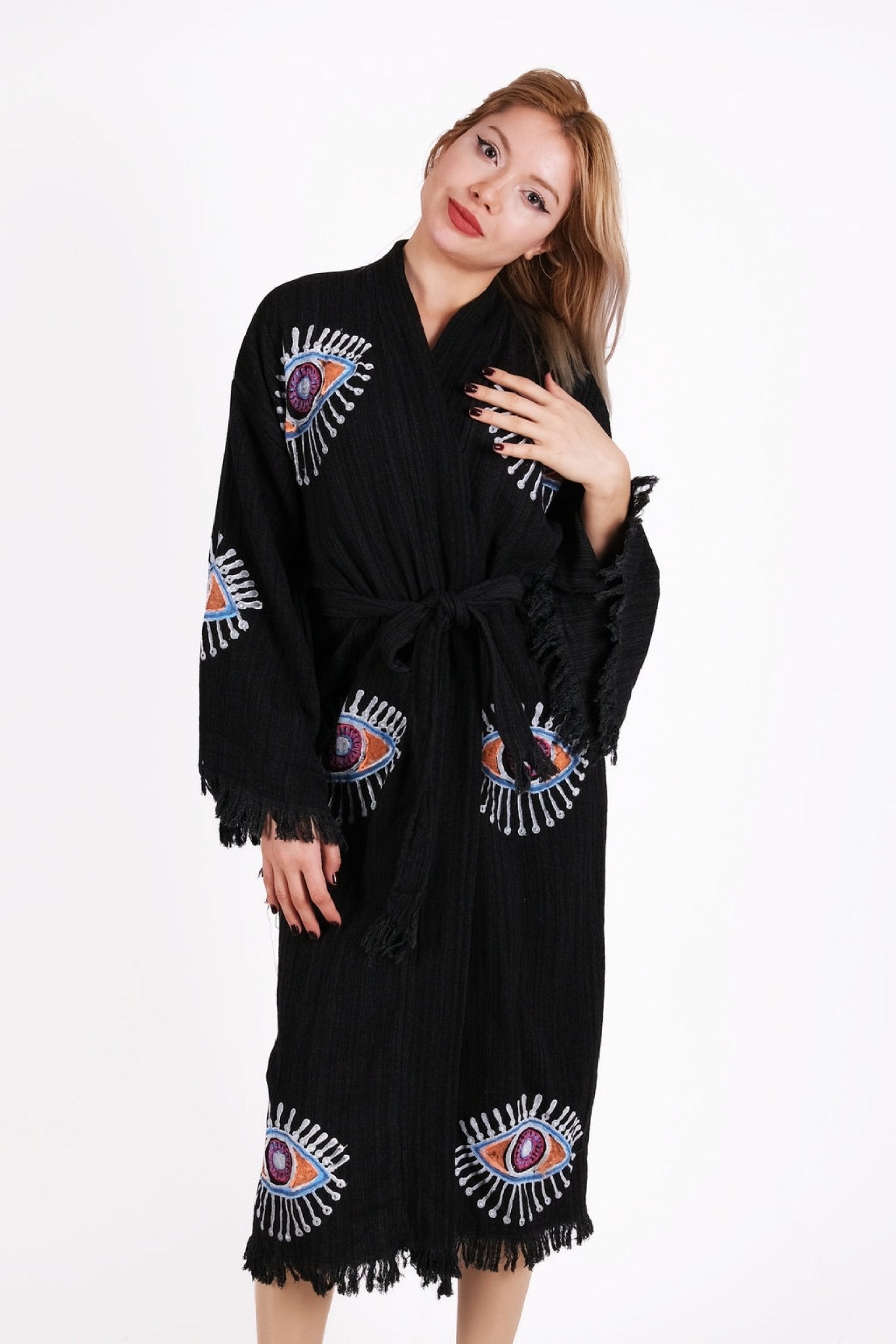 Mystic Eye Siyah Çift Kat Müslin Kimono | %100 pamuk müslin | el baskı desen | Buldan Culture