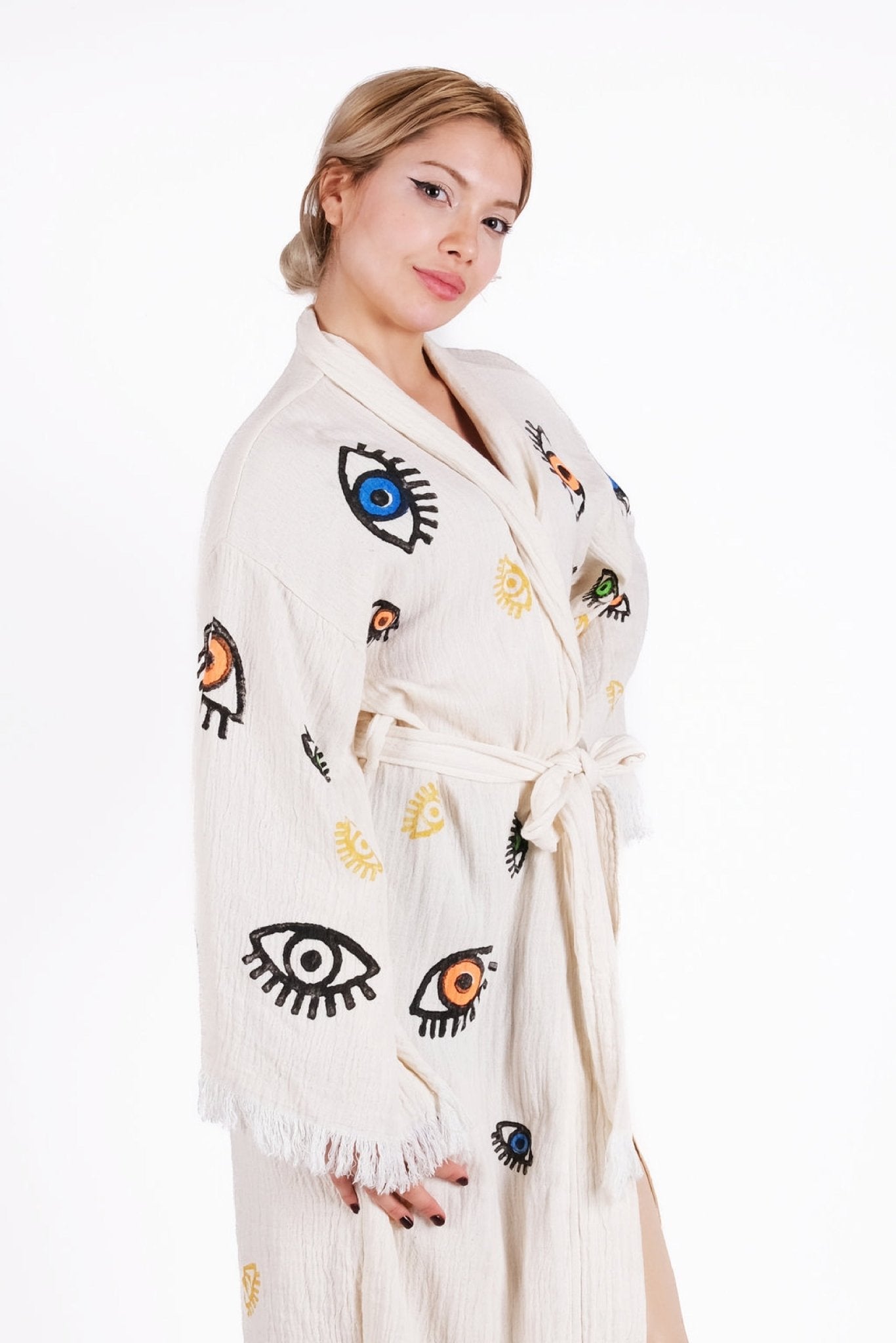 Mystic Eyes Kimono – Renkli El Baskılı Desen | %100 pamuk müslin | el baskı desen | Buldan Culture