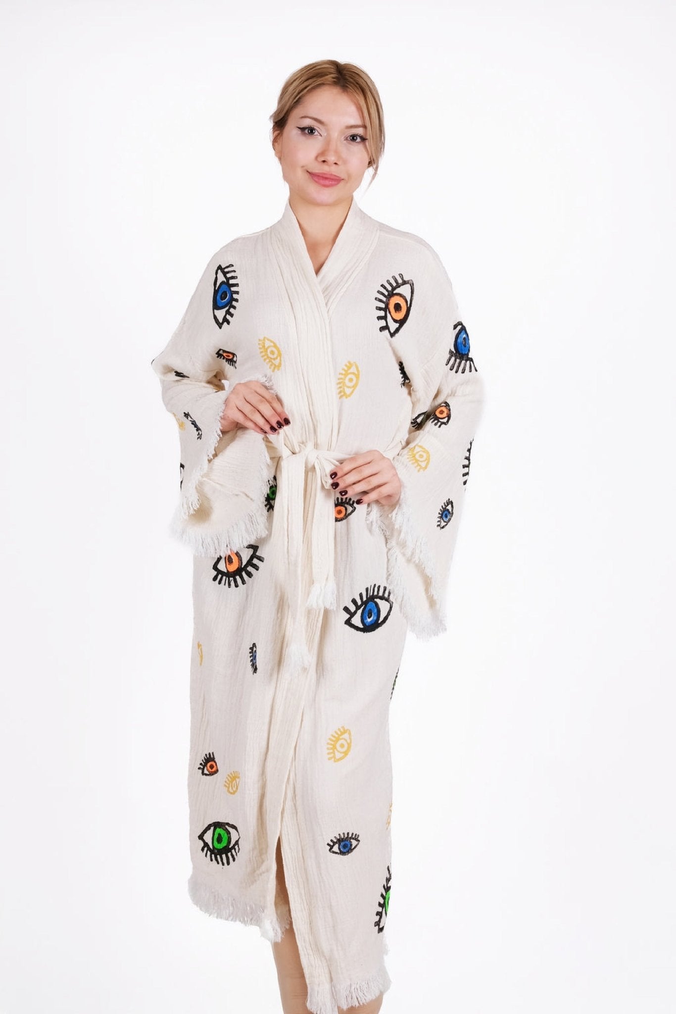 Mystic Eyes Kimono – Renkli El Baskılı Desen | %100 pamuk müslin | el baskı desen | Buldan Culture