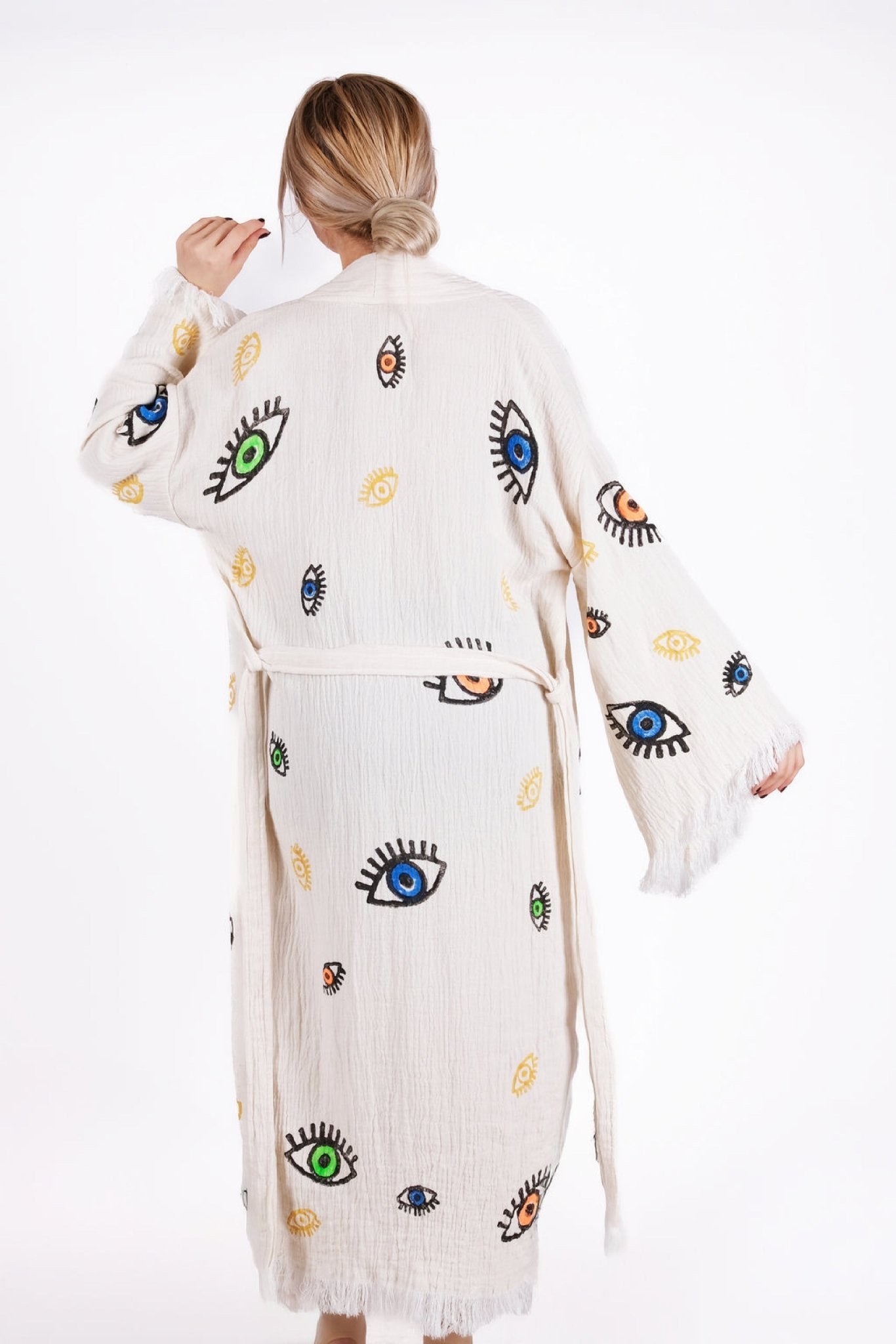 Mystic Eyes Kimono – Renkli El Baskılı Desen | %100 pamuk müslin | el baskı desen | Buldan Culture
