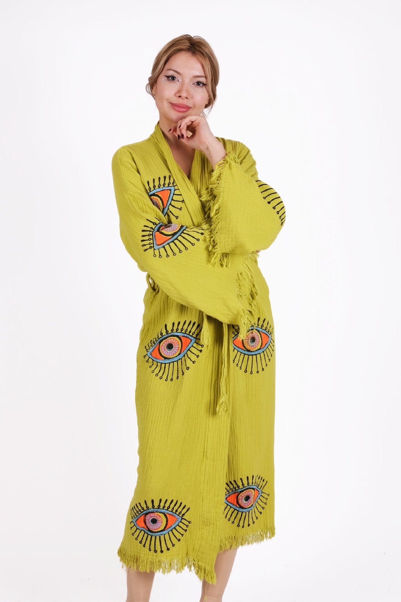 Mystic Lime Eye Kimono – El Baskısı Çift Kat Müslin | %100 pamuk müslin | el baskı desen | Buldan Culture