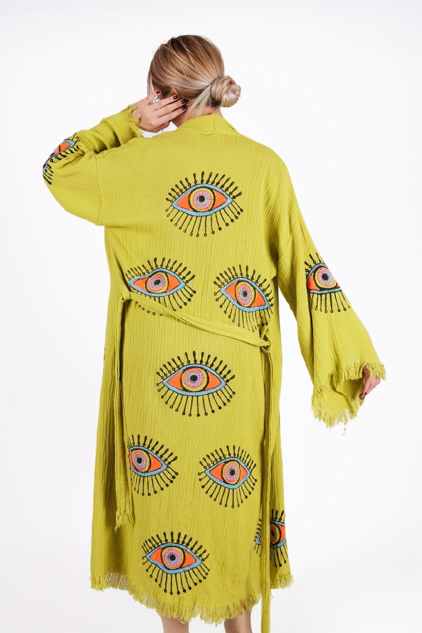 Mystic Lime Eye Kimono – El Baskısı Çift Kat Müslin | %100 pamuk müslin | el baskı desen | Buldan Culture