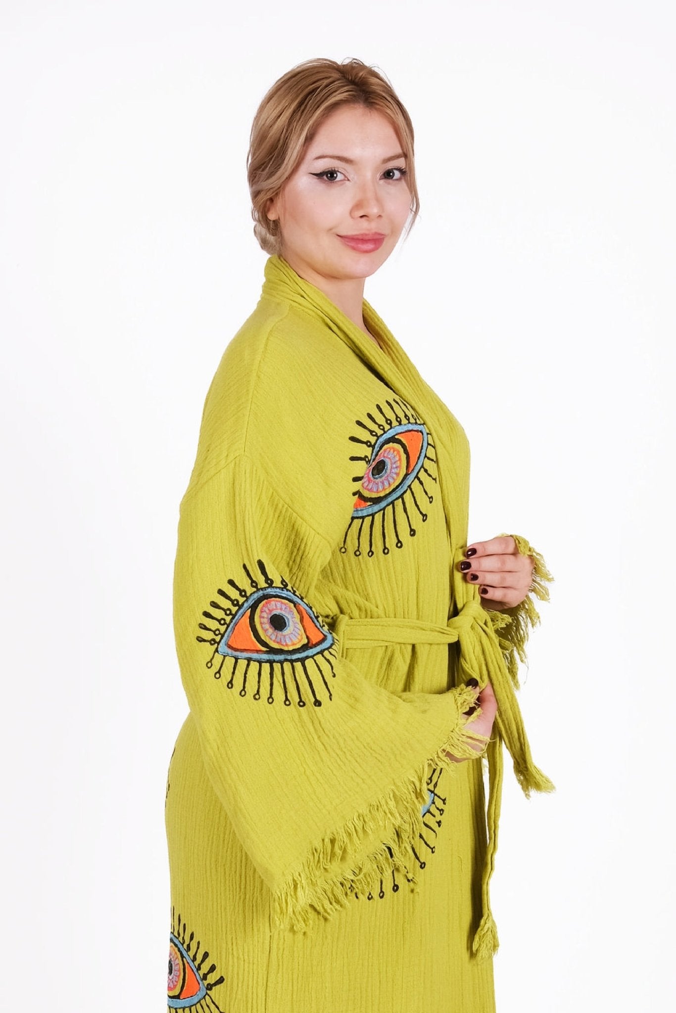 Mystic Lime Eye Kimono – El Baskısı Çift Kat Müslin | %100 pamuk müslin | el baskı desen | Buldan Culture