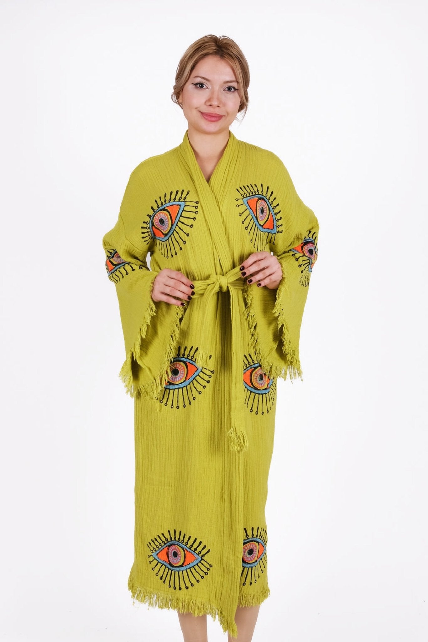 Mystic Lime Eye Kimono – El Baskısı Çift Kat Müslin | %100 pamuk müslin | el baskı desen | Buldan Culture