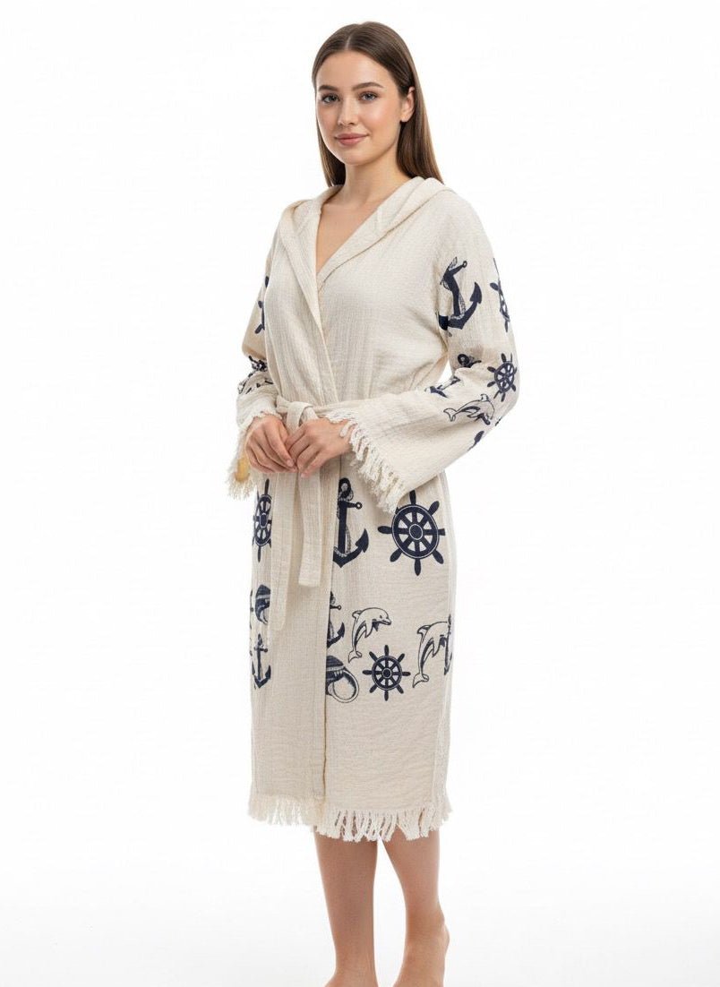 Ocean Navigator – Çift Katlı Müslin Bornoz | %100 pamuk müslin | el baskı desen | Buldan Culture