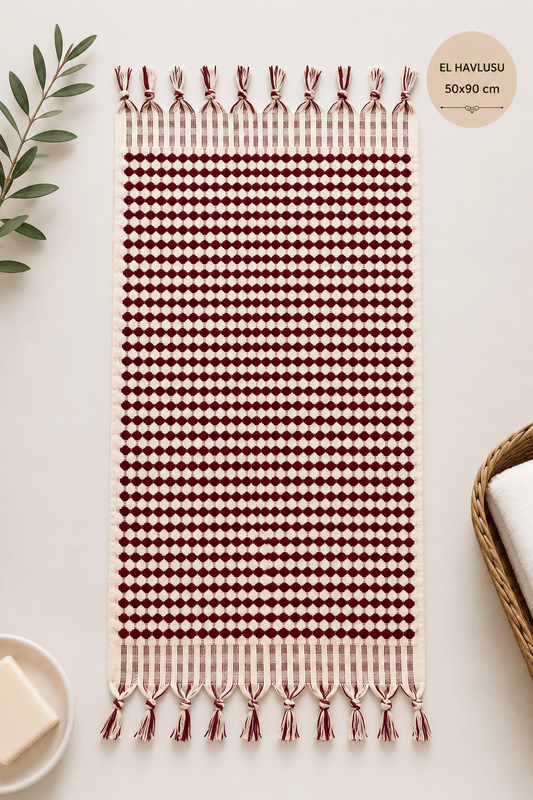Pamuk El Havlusu – Bordo | 50x90 cm | %100 pamuk müslin | el baskı desen | Buldan Culture