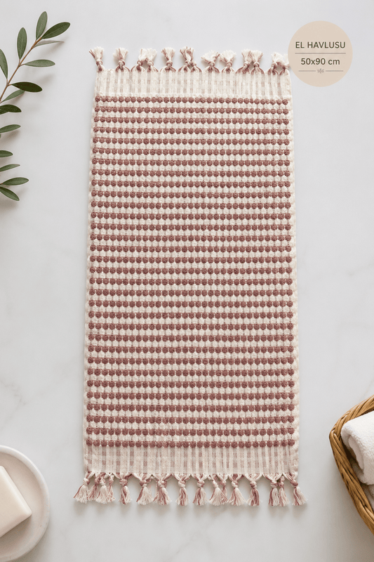 Pamuk El Havlusu – Pudra | 50x90 cm | %100 pamuk müslin | el baskı desen | Buldan Culture