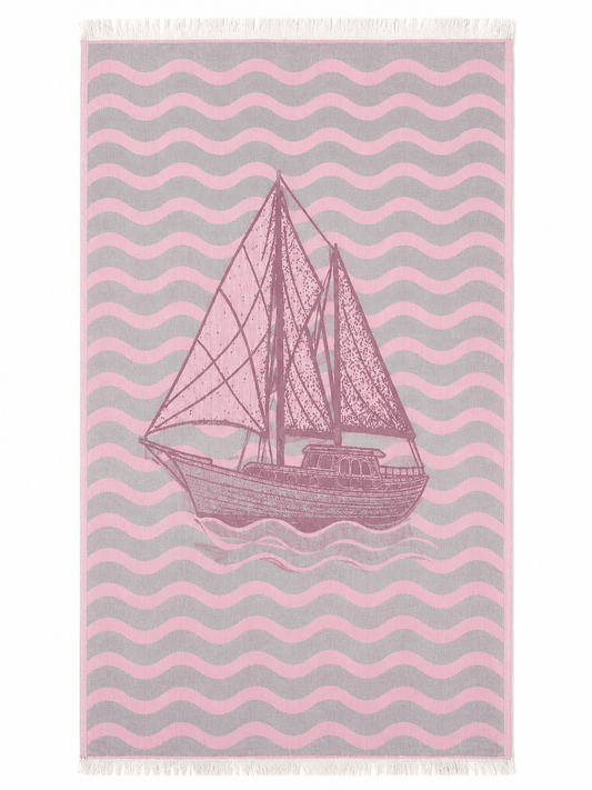 Pembe Marin Desenli 3 Katlı Jakarlı Müslin Peştemal | %100 pamuk müslin | el baskı desen | Buldan Culture
