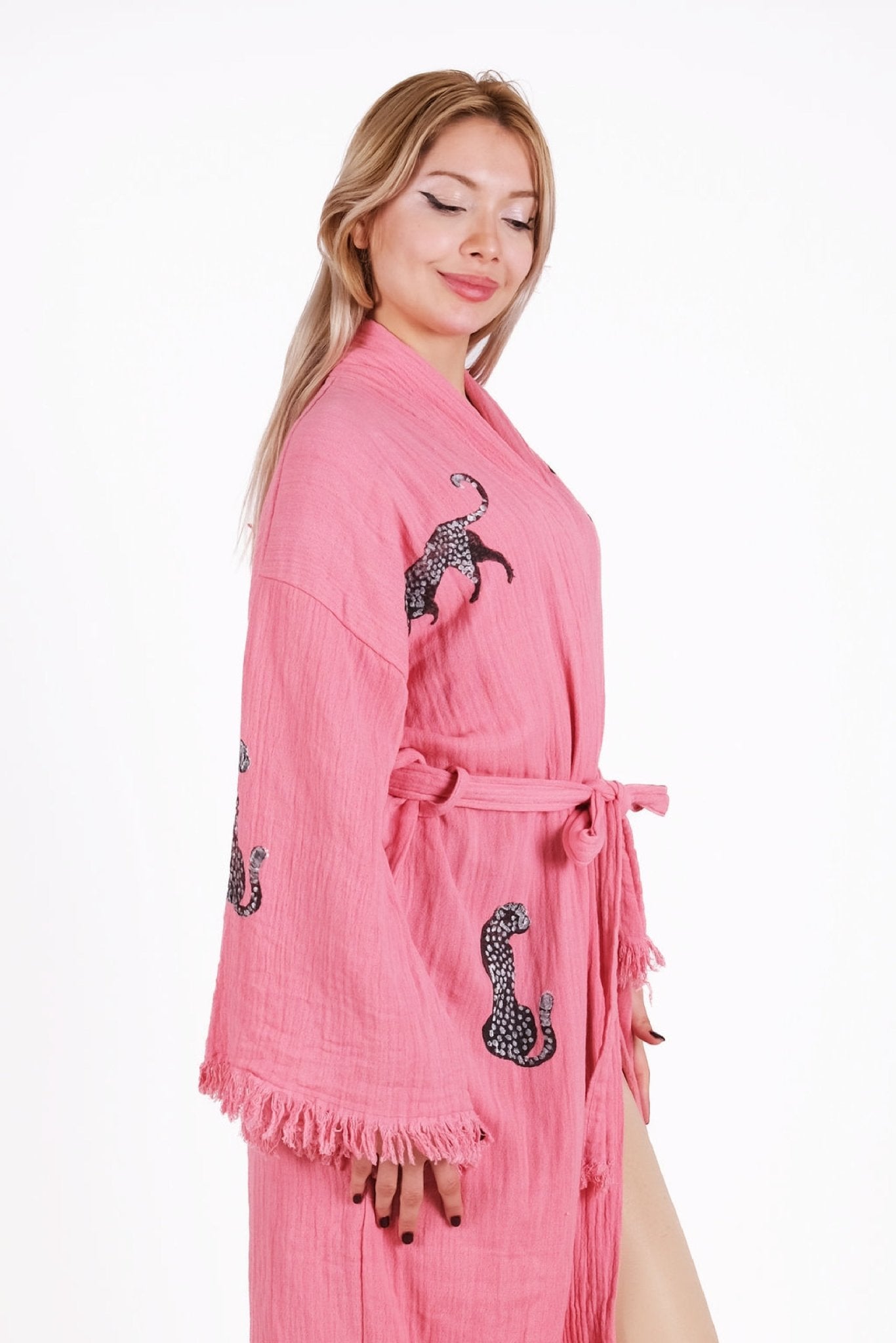 Pink Wild Leopard Çift Kat Müslin Kimono | %100 pamuk müslin | el baskı desen | Buldan Culture
