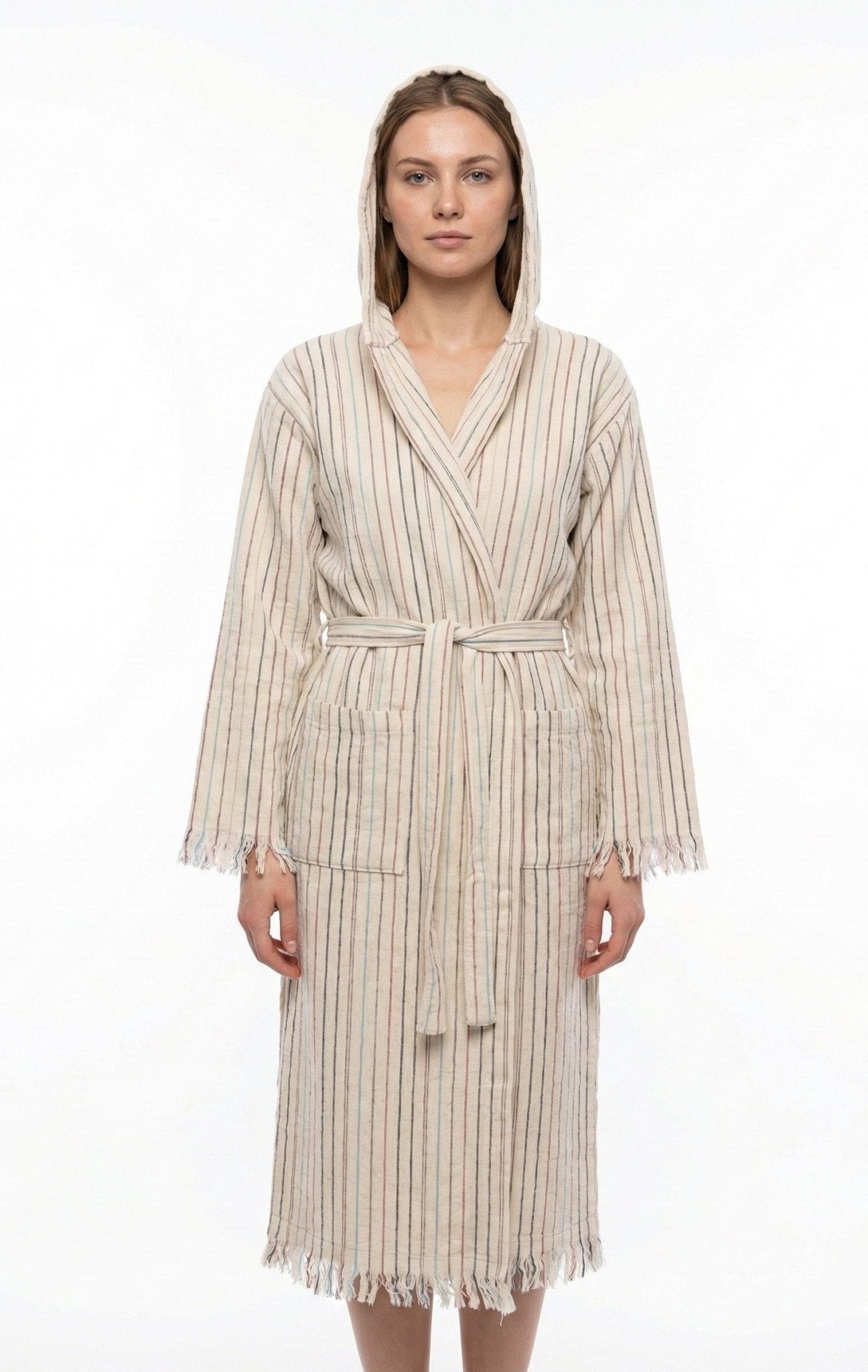Serenita Stripe Çift Kat Müslin Bornoz | %100 pamuk müslin | el baskı desen | Buldan Culture
