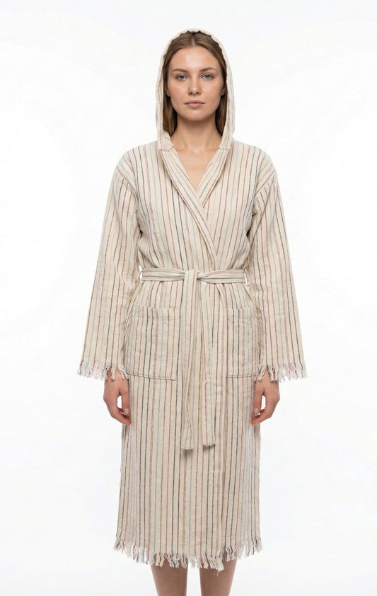 Serenita Stripe Çift Kat Müslin Bornoz | %100 pamuk müslin | el baskı desen | Buldan Culture