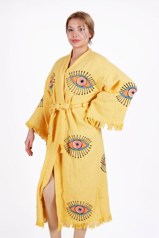 Solar Eye Muslin Kimono – El Baskısı Nazar Desenli | %100 pamuk müslin | el baskı desen | Buldan Culture