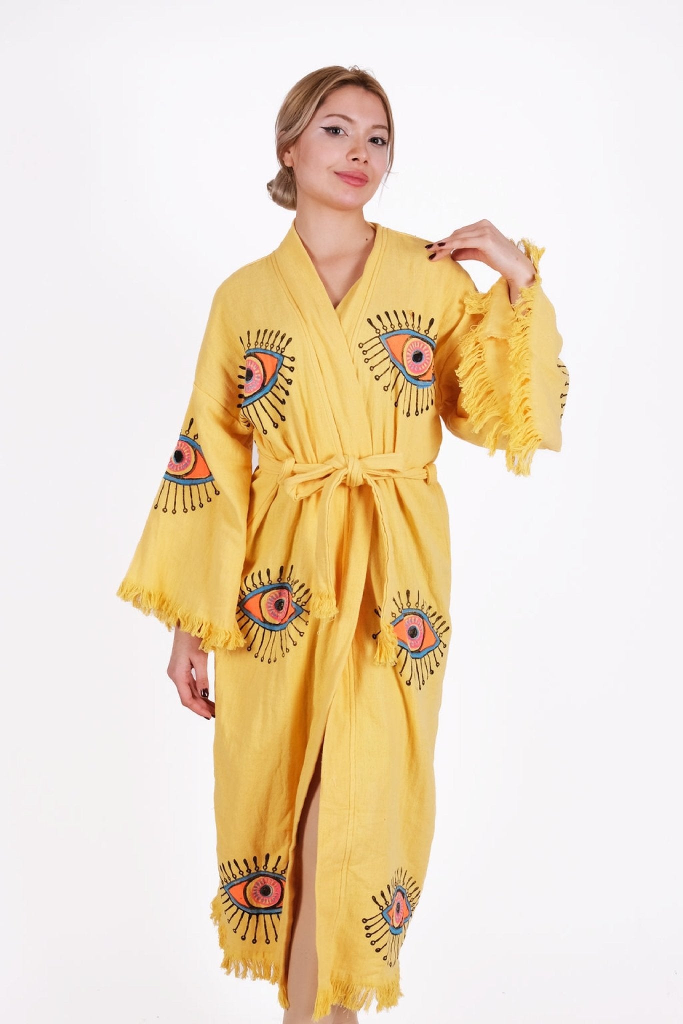 Solar Eye Muslin Kimono – El Baskısı Nazar Desenli | %100 pamuk müslin | el baskı desen | Buldan Culture