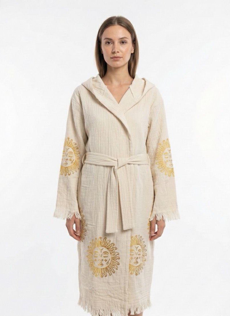 Solara Sun – Çift Katlı Müslin Bornoz | %100 pamuk müslin | el baskı desen | Buldan Culture