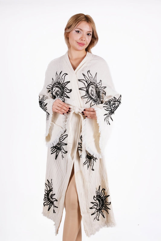 Solstice Sun Kimono – Çift Katlı El Baskı Muslin Kimono | %100 pamuk müslin | el baskı desen | Buldan Culture