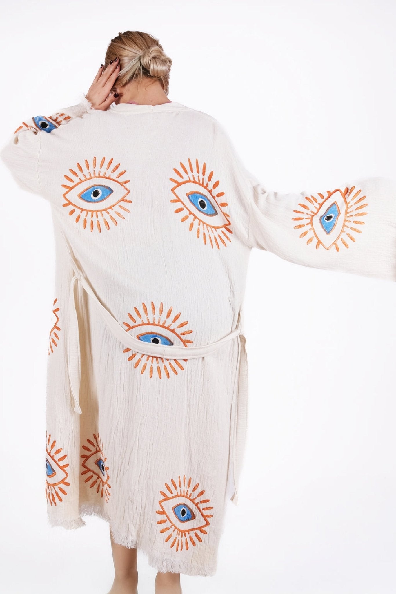 SunGlow Eye Artisan Kimono – El Baskılı Müslin Kimono | %100 pamuk müslin | el baskı desen | Buldan Culture