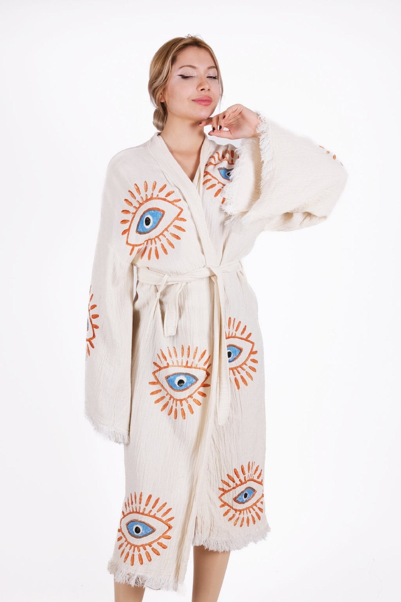 SunGlow Eye Artisan Kimono – El Baskılı Müslin Kimono | %100 pamuk müslin | el baskı desen | Buldan Culture