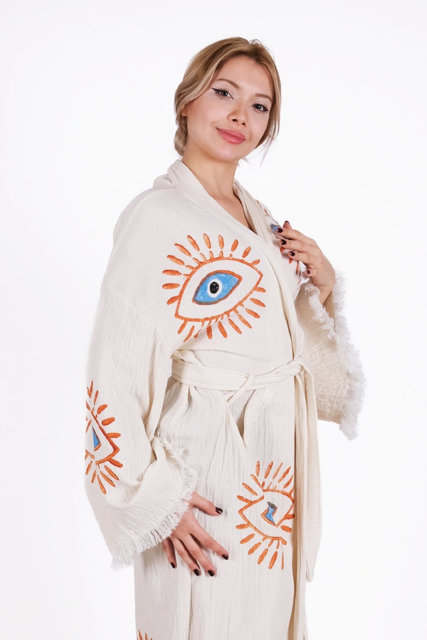 SunGlow Eye Artisan Kimono – El Baskılı Müslin Kimono | %100 pamuk müslin | el baskı desen | Buldan Culture