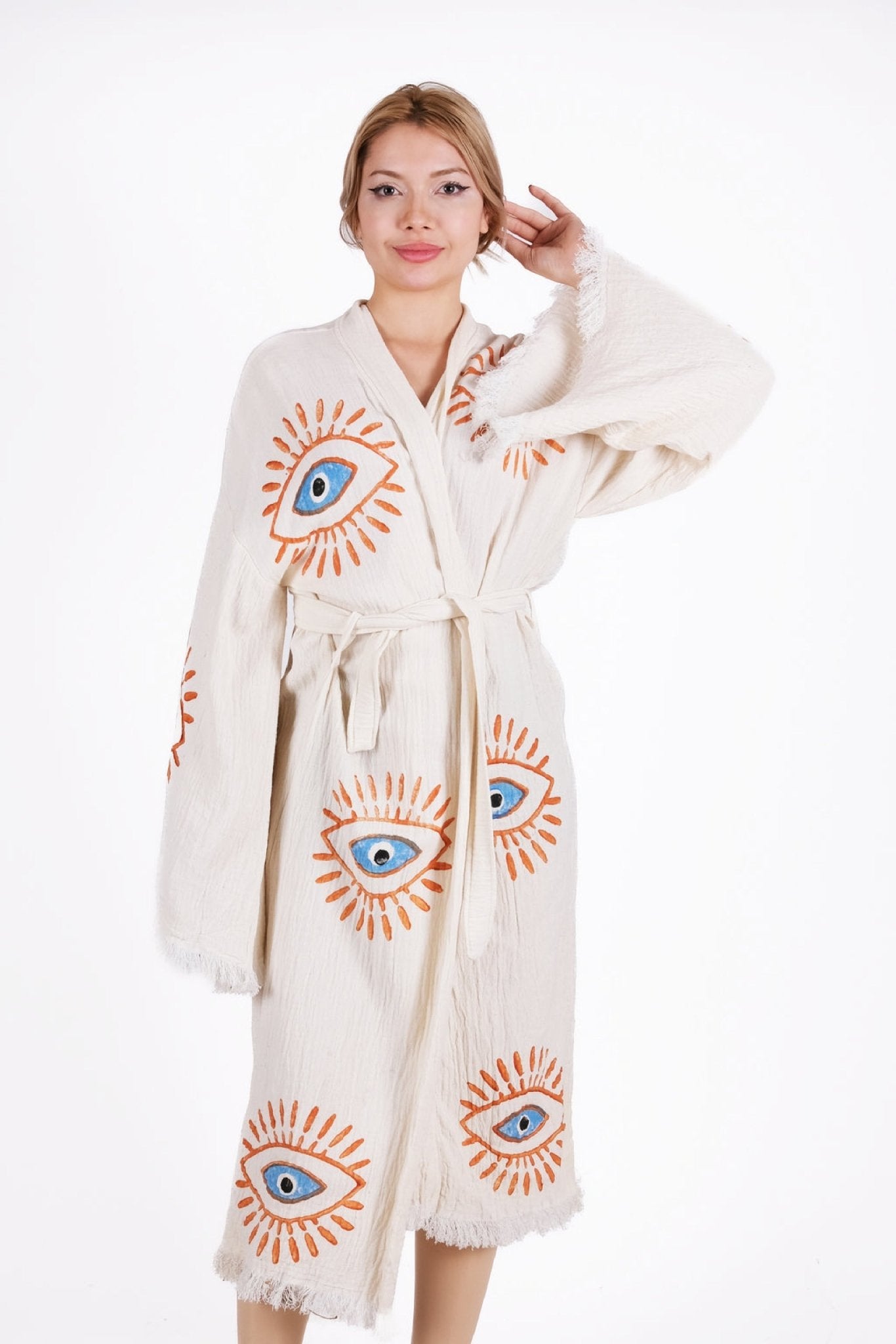 SunGlow Eye Artisan Kimono – El Baskılı Müslin Kimono | %100 pamuk müslin | el baskı desen | Buldan Culture