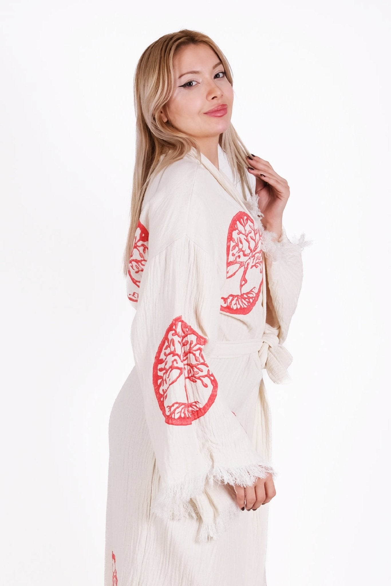 Tree of Life Red Cream Çift Kat Müslin Kimono | %100 pamuk müslin | el baskı desen | Buldan Culture
