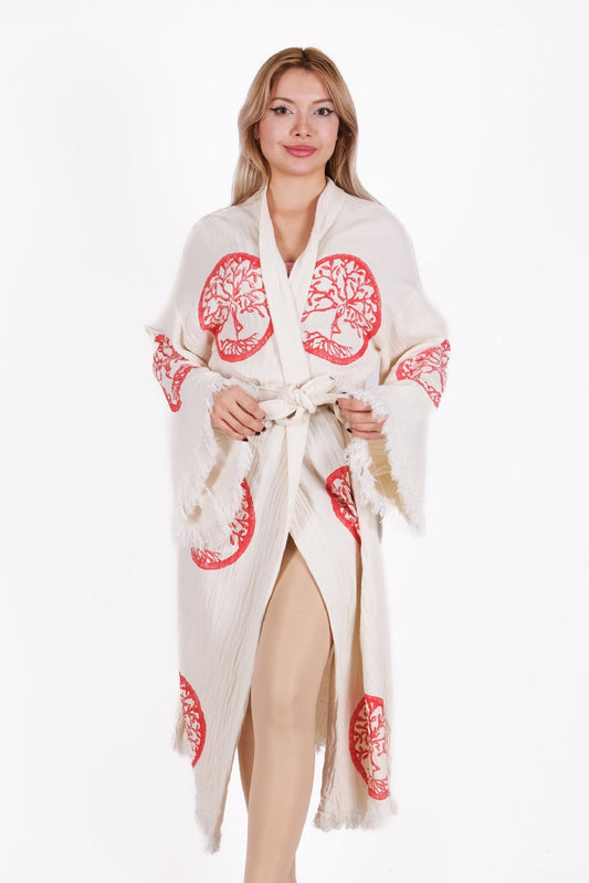 Tree of Life Red Cream Çift Kat Müslin Kimono | %100 pamuk müslin | el baskı desen | Buldan Culture