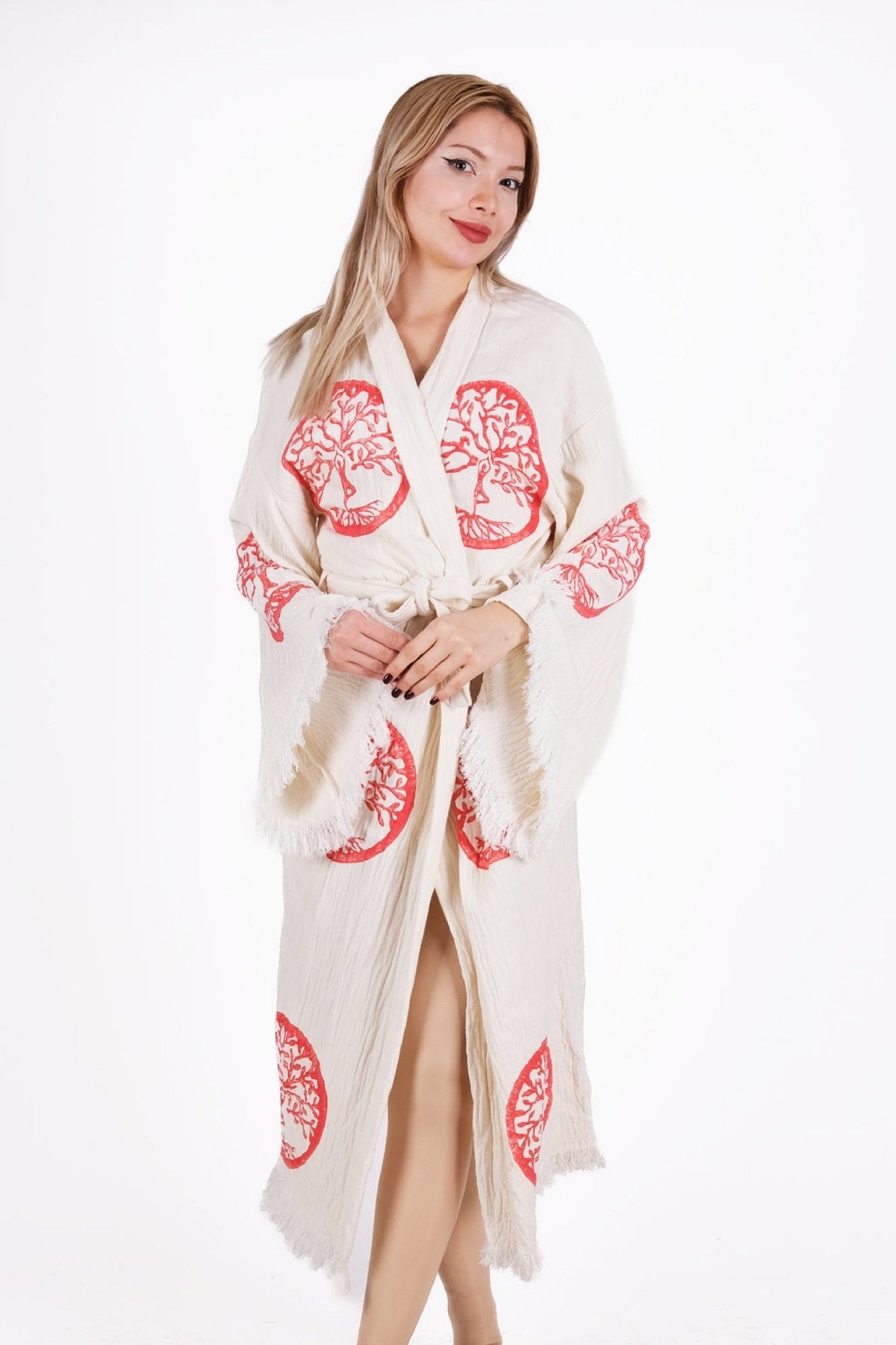 Tree of Life Red Cream Çift Kat Müslin Kimono | %100 pamuk müslin | el baskı desen | Buldan Culture