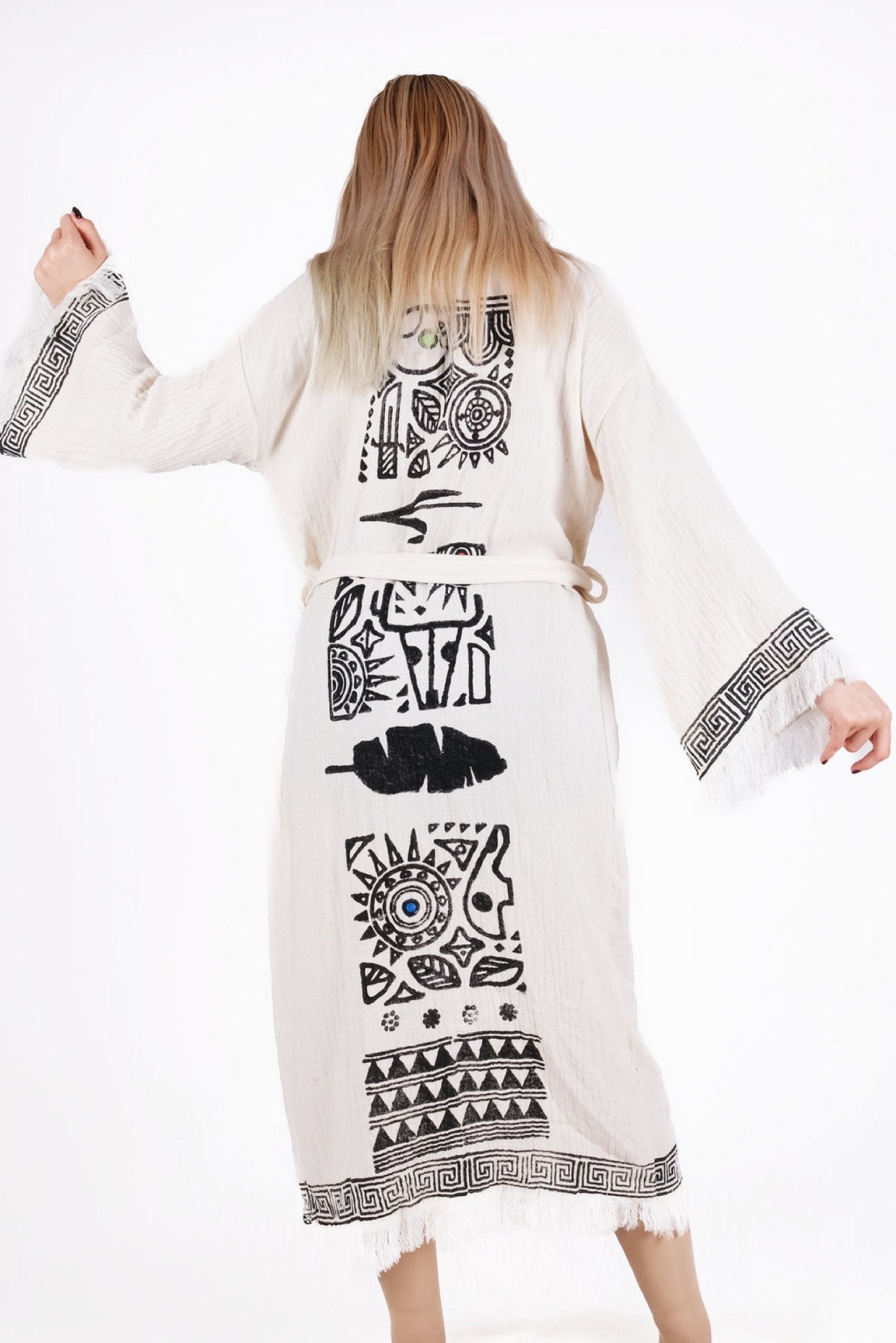 Tribal Sun Cream Çift Kat Müslin Kimono | %100 pamuk müslin | el baskı desen | Buldan Culture