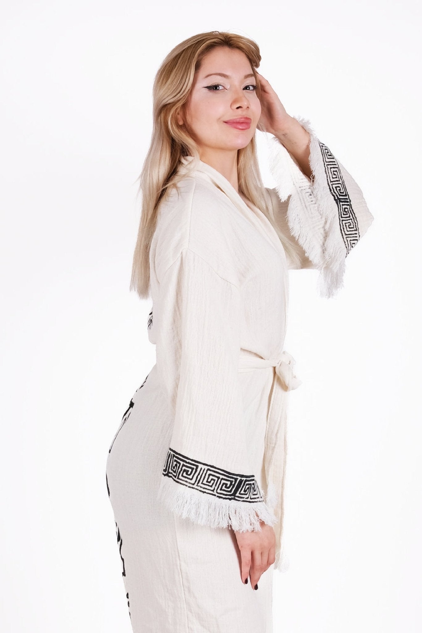 Tribal Sun Cream Çift Kat Müslin Kimono | %100 pamuk müslin | el baskı desen | Buldan Culture